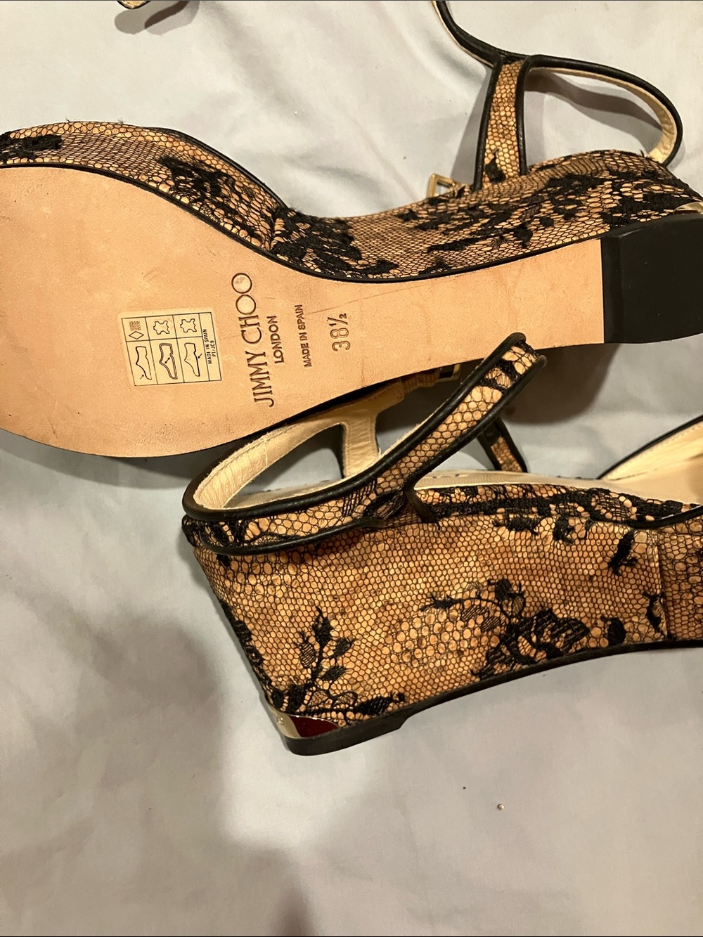 Jimmy Choo Black Lace-Overlay Tan Platform Sandals - Picture 6 of 12